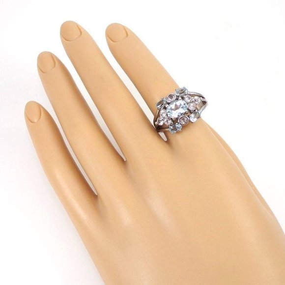 Boho Sterling Silver Blue White Topaz Cluster Flower Ring Size 10 - Picture 3 of 6